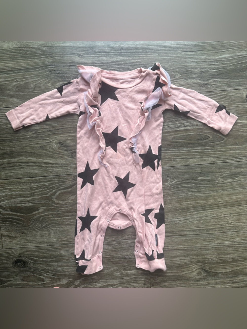 Nununu Footless Romper 12-18 Months Pink Ruffle Cotton Star Play Casual